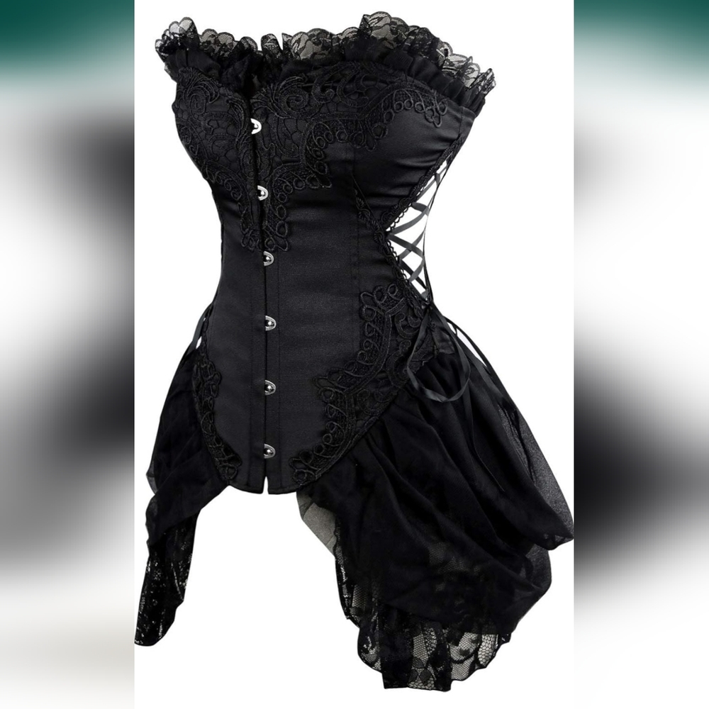 Charmian Women's Sexy Strapless Floral Embroidery Gothic Corset with Lace Skirt